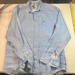 Tommy Bahama Men's 100% Linen Button Down Large 25th Anniversary Blue EUC